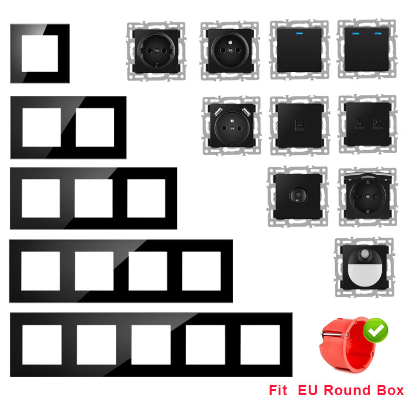 벽 모듈 DIY 유럽 표준 블랙 유리 패널 전원 소켓, 지능형 그래피티 와이파이 스위치 기능 무료 조합