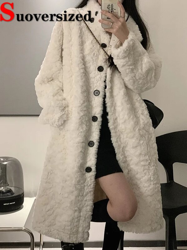 Casacos de lã de cordeiro para mulheres, casacos grossos de comprimento médio, sobretudo peludo luxuoso, estilo coreano, colarinho quente, inverno