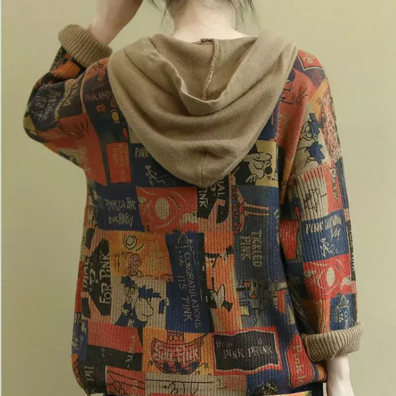 Sweater atasan bertudung lengan panjang wanita, sweter motif kartun Harajuku ukuran Plus, pakaian Wool Jumper musim gugur untuk wanita