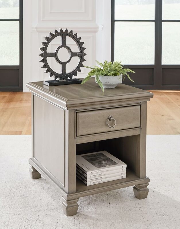 Signature Design by Ashley Lexorne Classic End Table with 1 Drawer, 1 Open Shlef and USB Ports, Light Gray