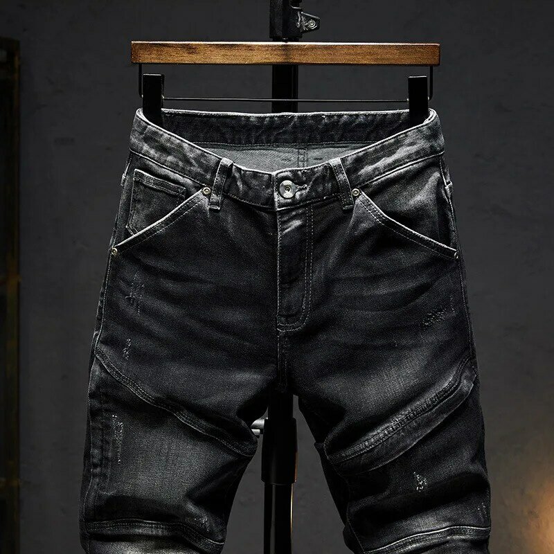 남성용 블랙 청바지, 미국 지퍼 스티칭 스트레치 슬림 스트리트 패션, 하이 퀄리티 모터 바지, 2024 가을