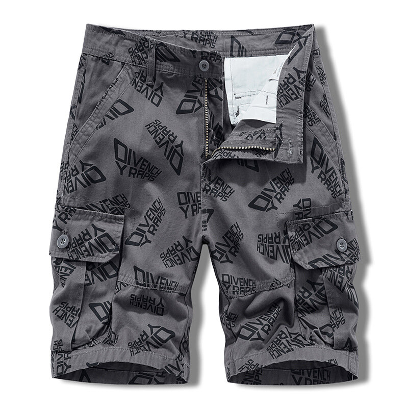 กางเกงขาสั้นคาร์โก้ทรงหลวมสำหรับผู้ชายกางเกงขาสั้นชายหาดพิมพ์ลายตัวอักษรแนววินเทจสำหรับฤดูร้อน