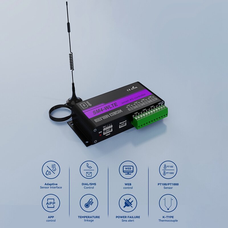 SM4-WLTE 4G Wireless GSM SMS Remote ON/OFF Switch Controller 4 Relays APP Remote Control Temperature Sensor-EU Plug