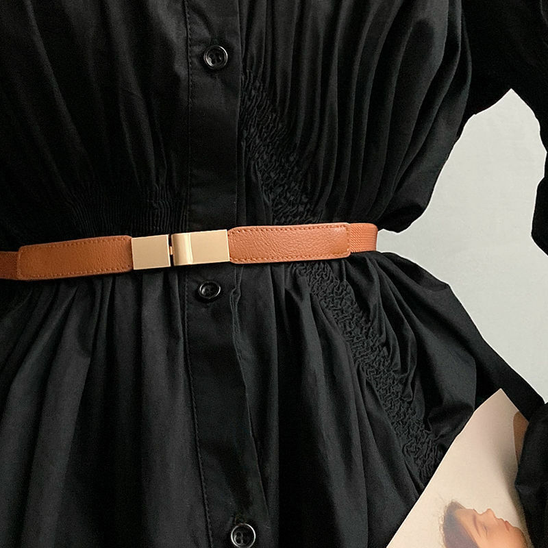 Nova cintura elástica para a camisa decorativa feminina vestido casaco blusão metal botão duplo pu moda simples cintura selo