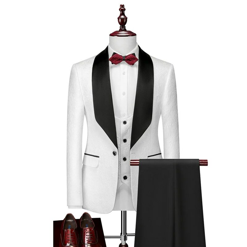Esmoquin de Dobby blanco para boda, traje de novio marrón, chaqueta ajustada con solapa de pico para baile de graduación, BestMan, traje de novio, chaleco, Pantalones