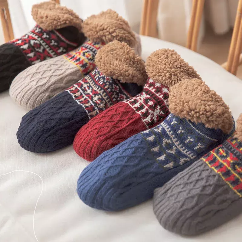 Chinelos interiores de lã masculina, meias de dormir, antiderrapante plus, meias de tapete doméstico, quarto adulto, meia de malha, inverno