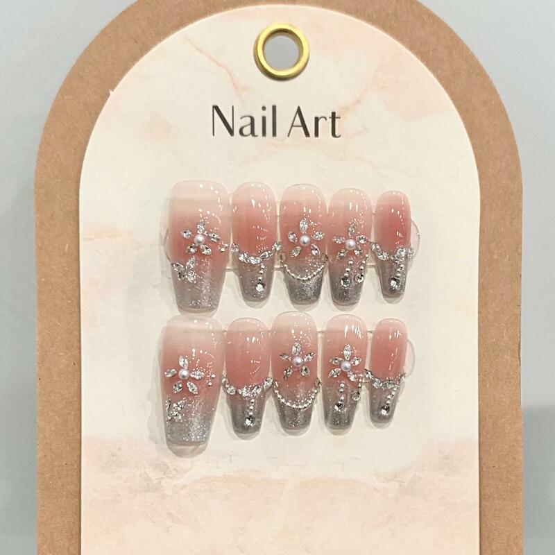 10 шт. розовый гроб ручной работы нажимные ногти полное покрытие дизайн сердца Жемчужный Цветок градиентные искусственные ногти пригодные для носки