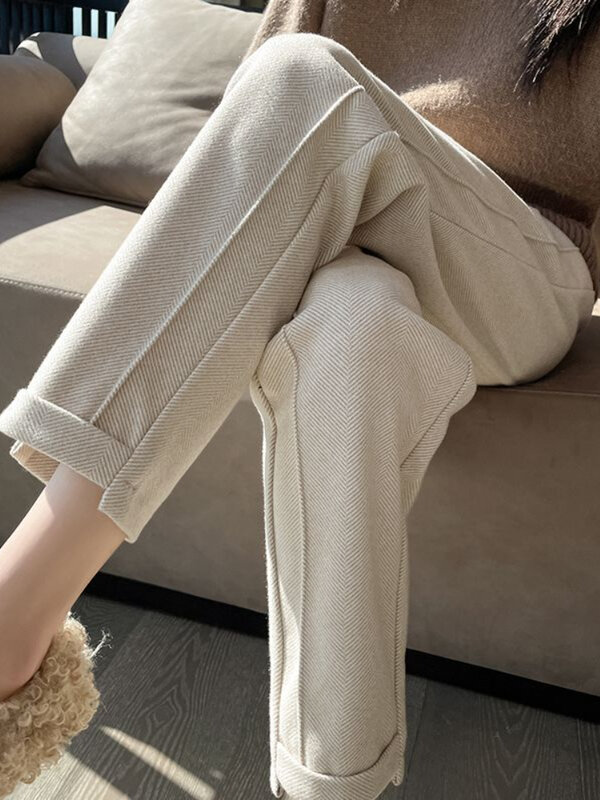 Calça reta de Tweed de cintura alta feminina, solta, casual, espinha de arenque, quente, engrossada, recortada, novo, outono, inverno, 2022