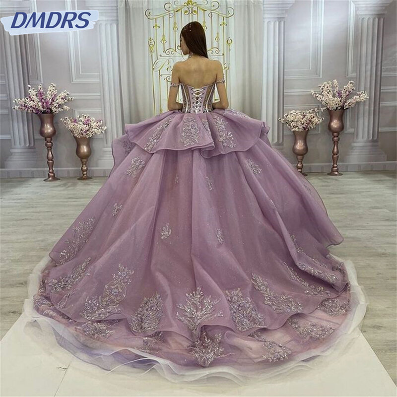 Elegante vestido de baile fora do ombro, Vestidos Quinceanera Lavanda Glitter, Sweet 16 Princess Lace Beads Prom Gowns, 15