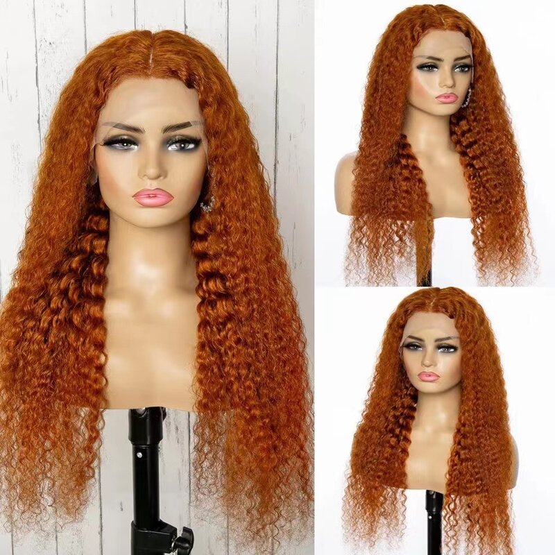 Wig renda oranye wanita renda depan rambut Latam panjang Roll Set Wig keriting kecil Afrika dengan Headpiece renda rambut manusia