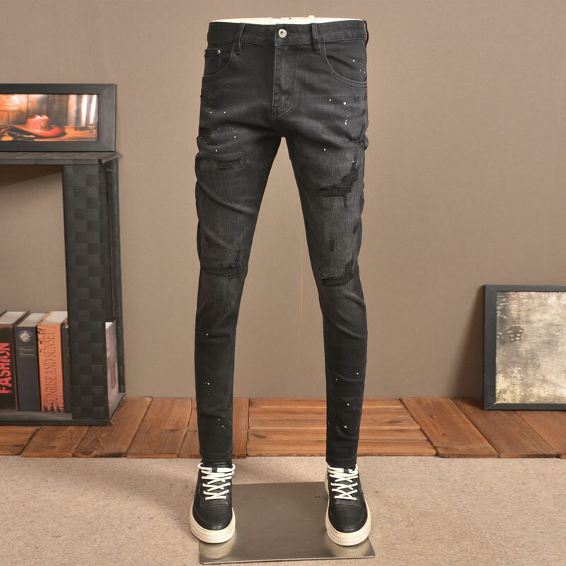 Calça jeans rasgada com ajuste elástico, calça jeans vintage, calça designer remendada, retrô, azul, moda, streetwear