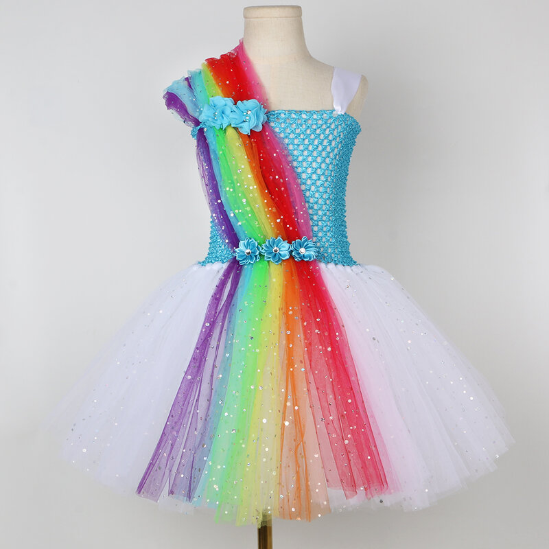 Vestido de tutú de arcoíris brillante para niñas, vestido de baile de boda, fiesta de cumpleaños, vestido de princesa de tul brillante, disfraz de Carnaval Purim para niños