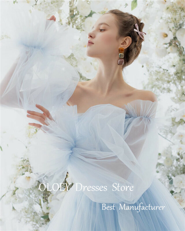 OLOEY Elegant Sky Blue Tulle Evening Dresses Korea Wedding Photoshoot Strapless Puff Long Sleeves Corset Back Formal Gowns