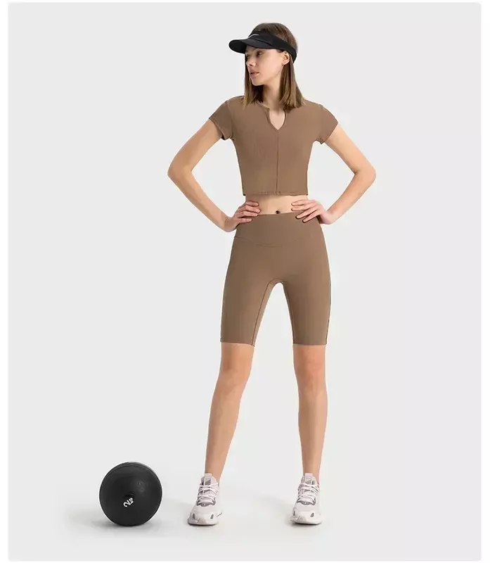 Lemon pakaian olahraga Yoga Gym wanita, kaus olahraga luar ruangan lengan pendek kain bergaris leher V pecinta pinggang tipis