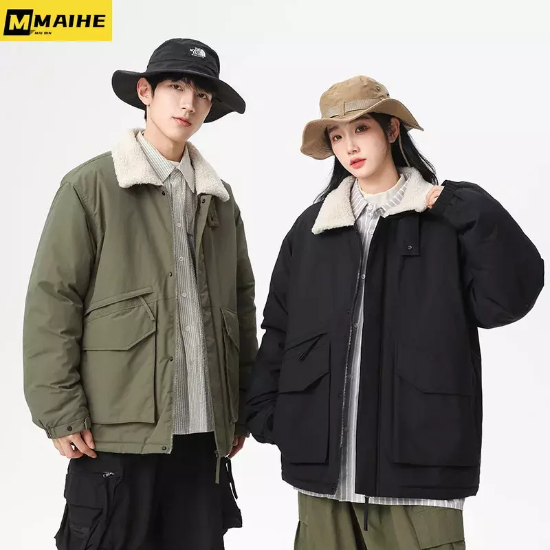 2023 Winter Warm Jacket Men's Fashion Retro Lapel Lamb Wool Warm Parka Street Clothing Couple Solid Color Down Cotton Coat Brand
