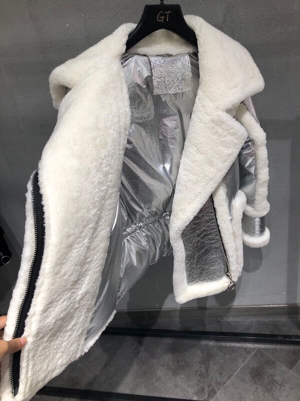 Casaco feminino shearling, jaqueta de lã real, roupa de cordeiro, lapela de costura, manga longa, pele do viajante, senhora, temperamento, inverno