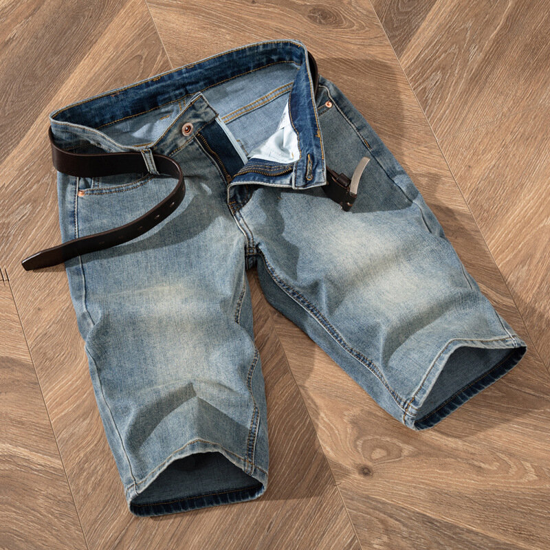 Celana Jeans pendek pria tipis musim panas celana pendek crop klasik lurus ramping Retro celana panjang nostalgia dicuci serbaguna kasual
