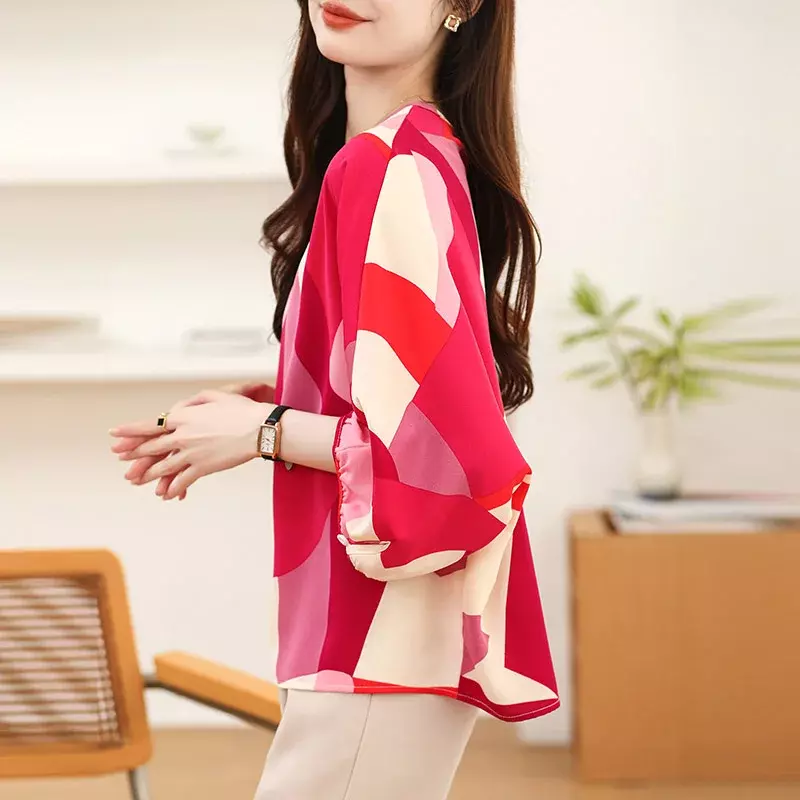 Женская шифоновая блузка с принтом, Повседневная Свободная блузка из шелка тутового шелкопряда с рукавами летучая мышь для ранней весны, Z233, 2024