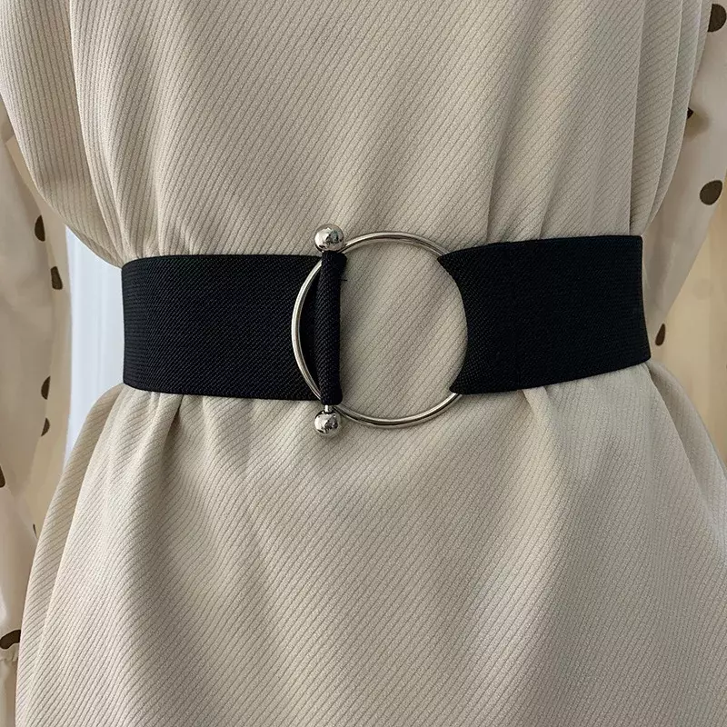 Cinturones para mujer, banda elástica de cintura Simple, hebilla redonda, decoración, abrigo, suéter, vestido de moda, arroz blanco