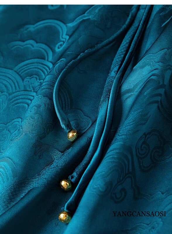 ผ้าซาตินลายนกยูงจีนสีฟ้าผ้าแจ็คการ์ดไหมหม่อน100% ธรรมชาติรุ่นใหม่ฤดูร้อน2024แฟชั่นของผู้หญิง ROK belah