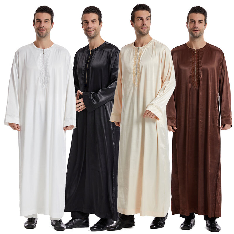 Moslim Mode Mannen Jubba Thobe Lange Mouw Witte Kleur Ronde Hals Islamitische Arabische Kaftan Mannen Abaya Islamitische Kleding