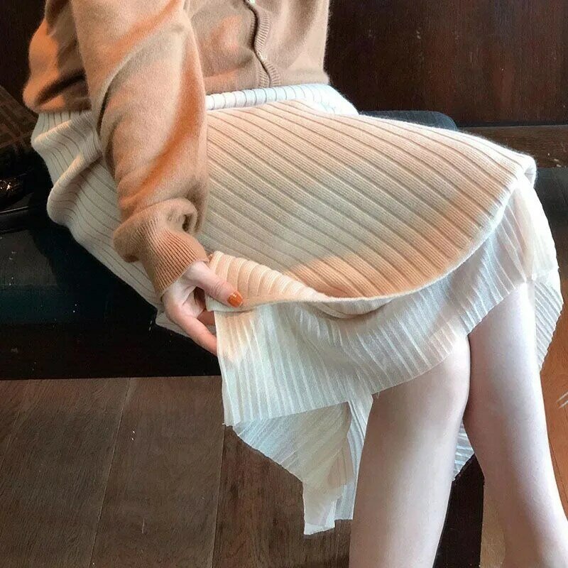Юбка женская трикотажная, шикарная Элегантная модная юбка-трапеция в блестящем стиле, с разрезом по бокам, осень