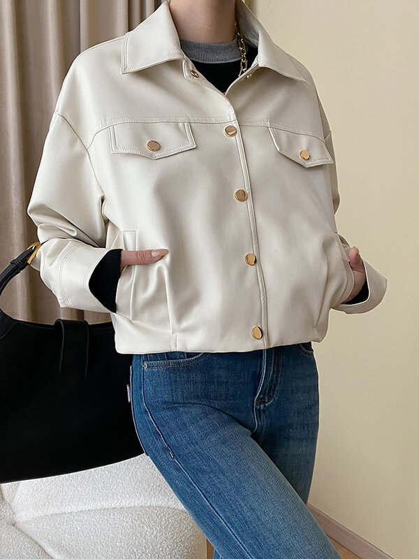Куртка женская короткая из ПУ кожи, свободный крой, с отложным воротником и длинным рукавом, модный тренд, черная, большие размеры, O699, весна-осень
