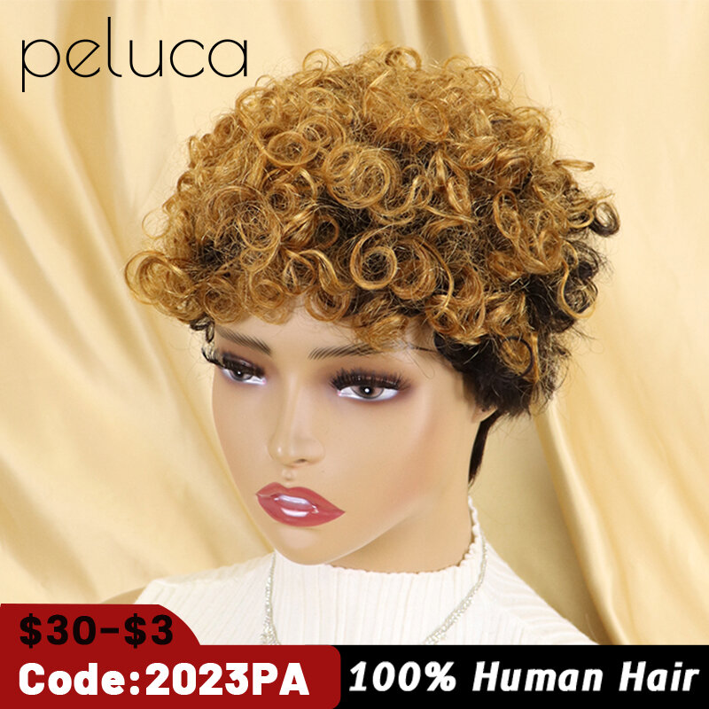 Peluca de cabello humano rizado Afro para mujeres negras, pelo corto brasileño de Color Natural hecho a máquina con flequillo
