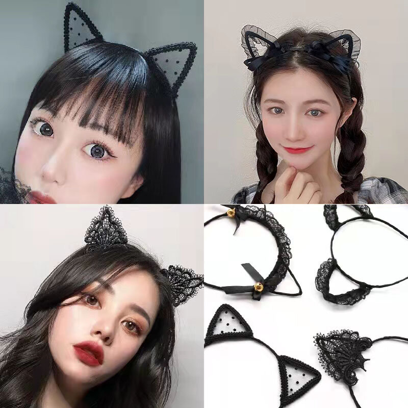 Diademas con orejas de gato para mujer y niña, diadema de encaje, accesorios para el cabello para fiesta