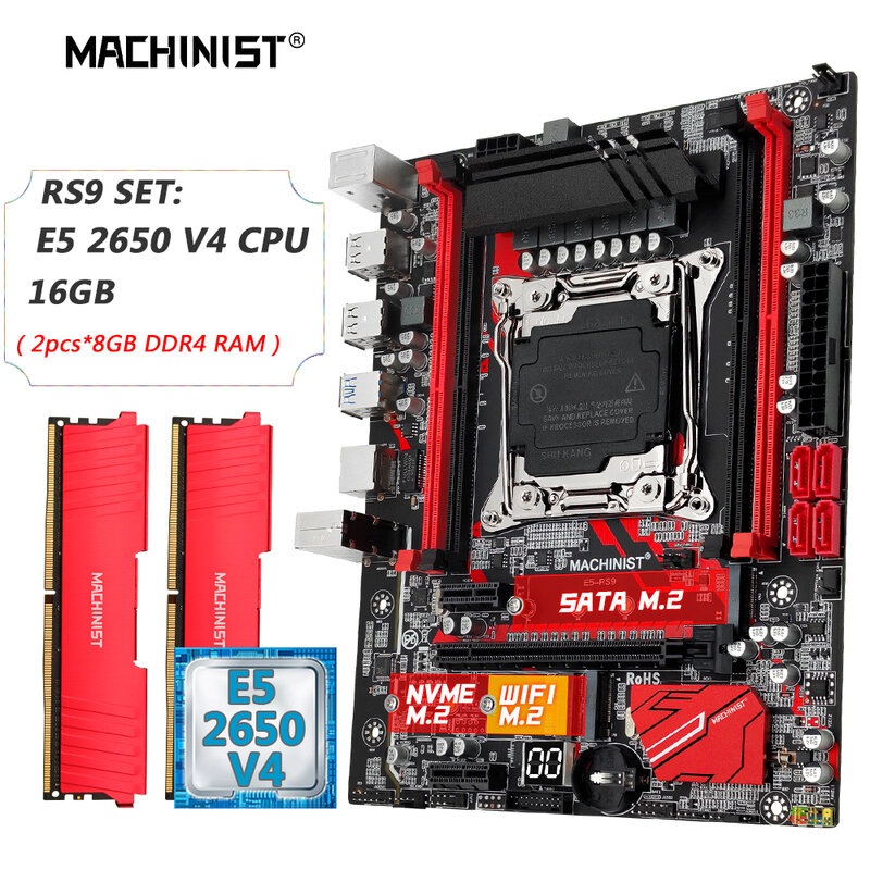 MACHINIST X99 마더보드 콤보 제온 키트 E5 2650 V4 CPU LGA 2011-3 DDR4 2x8GB 2133MHz RAM 메모리, NVME M.2 WiFi 4 채널 RS9