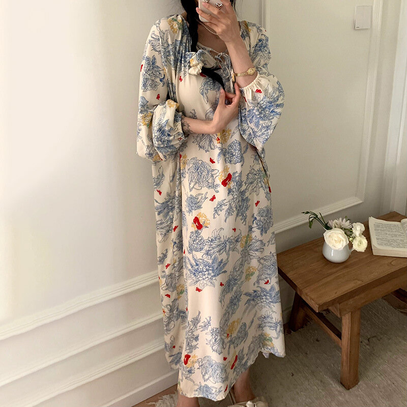 Vestido feminino boêmio com gola redonda, pijama de manga comprida, estampa floral, fino, solto, algodão, seda, roupa de casa, roupas femininas