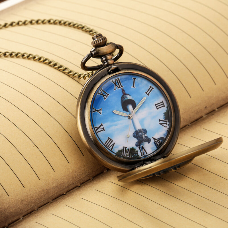 남성용 복고풍 중공 건물 디자인 펜던트 포켓 시계, 쿼츠 로마 숫자 타워 다이얼 체인 시계, 휴대용 기념품