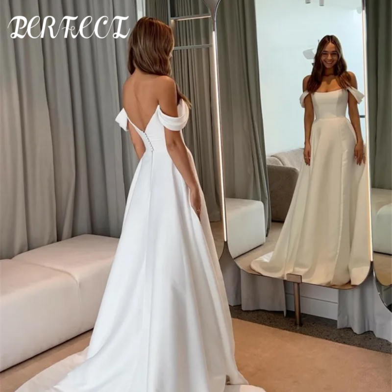 Gaun pernikahan Satin sempurna, gaun pengantin bahu terbuka tanpa lengan, gaun pesta pernikahan kereta panjang 2024