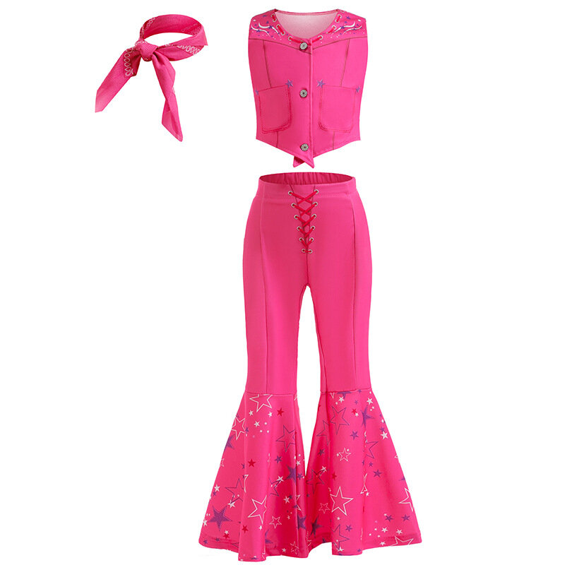 Kostum film Barbi untuk anak perempuan, pakaian pesta ulang tahun Halloween, atasan merah muda dan celana panjang berkobar untuk anak perempuan