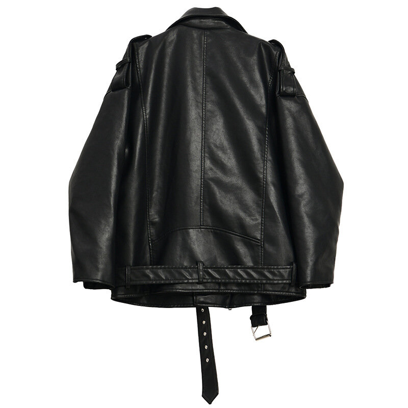 Jaqueta preta de couro PU feminina, solta e curta de motocicleta, casaco bonito, nova, outono, 2023