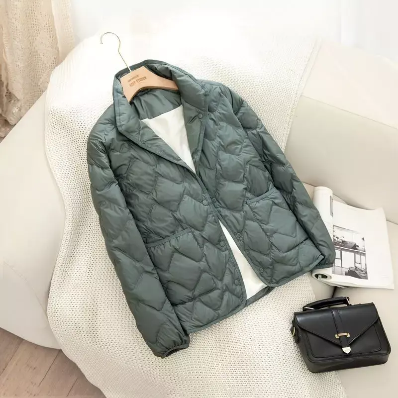 Women's Down Jacket Autumn and Winter Lightweight White Duck Down Single Breasted Standing Collar Warm and Fitting Short Jacket