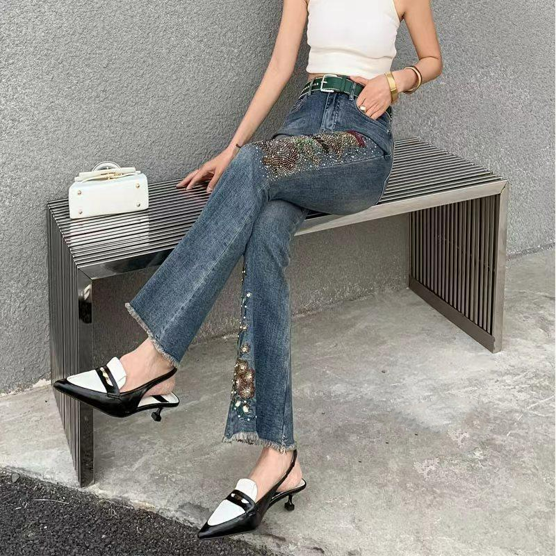 Streetwear Mode Vrouwen Geborduurde Diamanten Wijd Uitlopende Jeans Koreaanse Lente Zomer Nieuwe Vrouw Hoge Taille Slanke Casual Denim Broek