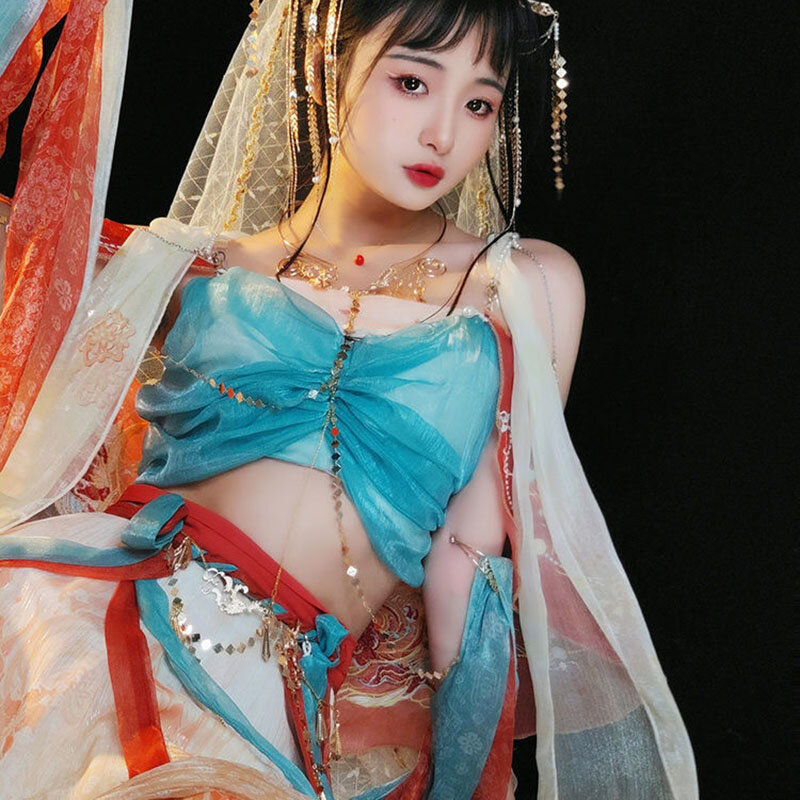 Hanfu pakaian Cina wanita pakaian Putri barat Dunhuang Feitian pakaian eksotis Hanfu foto kostum tari bergaya Tiongkok