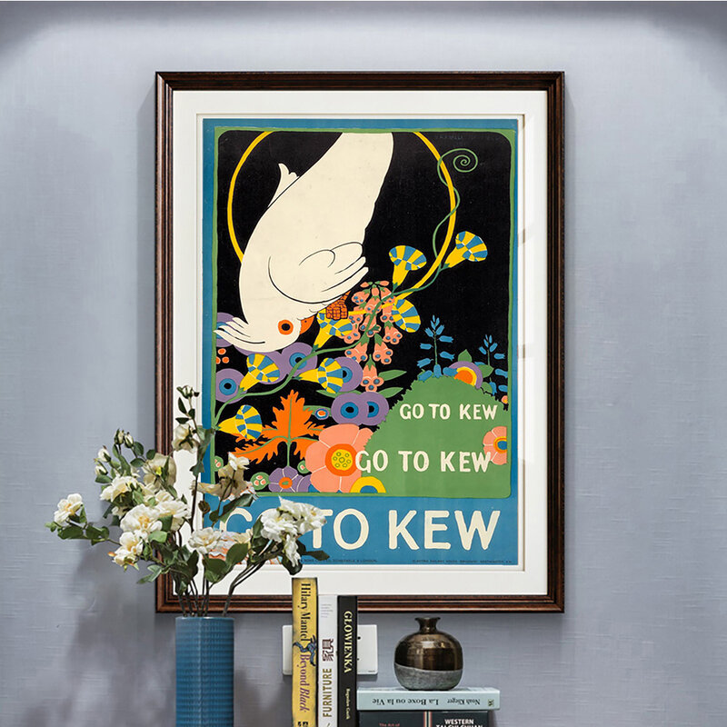 1915 큐 정원 포스터 빈티지 아트 인쇄 광고 벽 스티커 새 꽃 캔버스 회화 장식