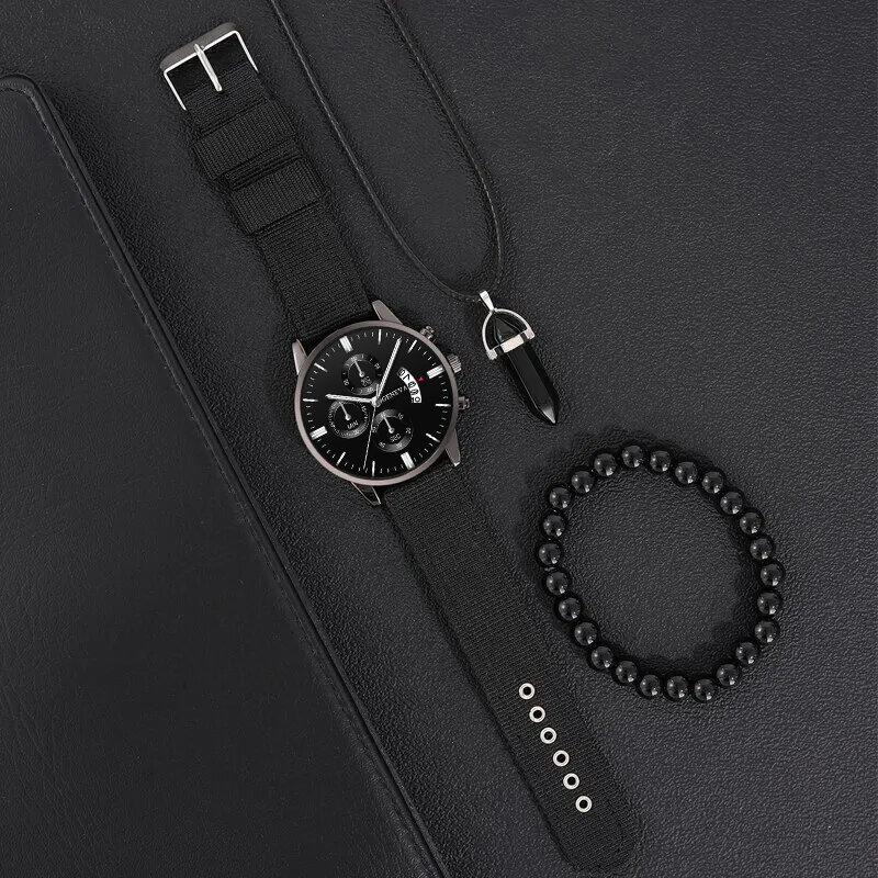 Conjunto de colar e pulseira preta casual masculina, relógios de negócios, pulseira de nylon, relógio de quartzo, moda, 3 peças
