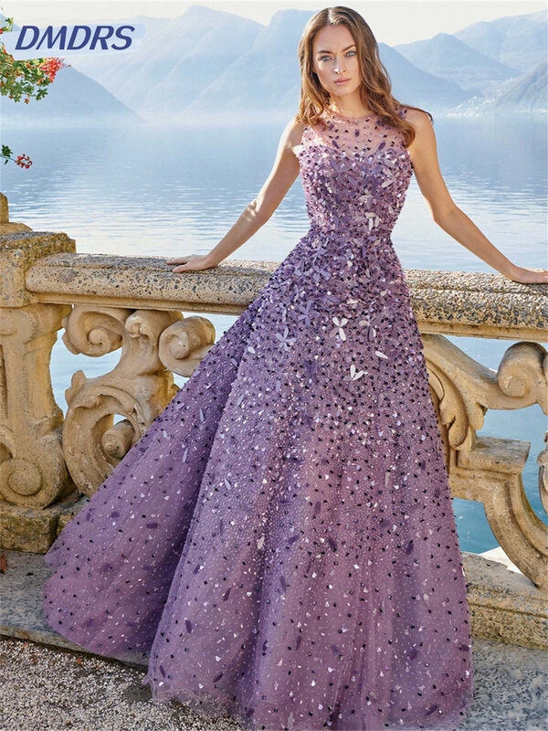 Gaun Prom payet glamor 2024 gaun malam payet berkilau elegan tanpa lengan panjang lantai gaun Vestidos De Novia