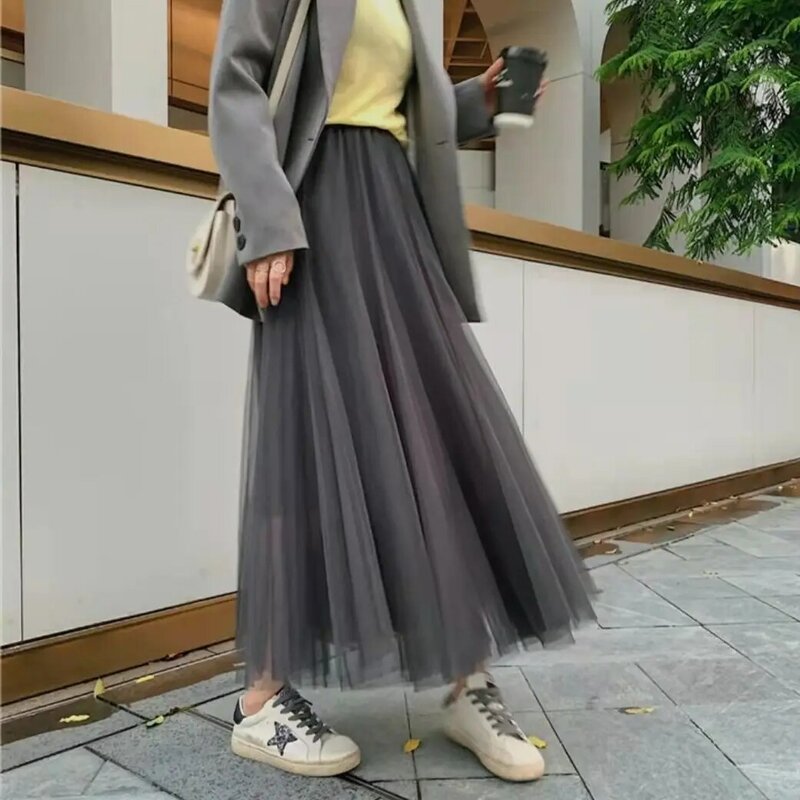 Rok jala untuk wanita, Rok lipit model A-line panjang setengah pinggang tinggi, rok kain kasa hitam musim semi/musim panas 2024
