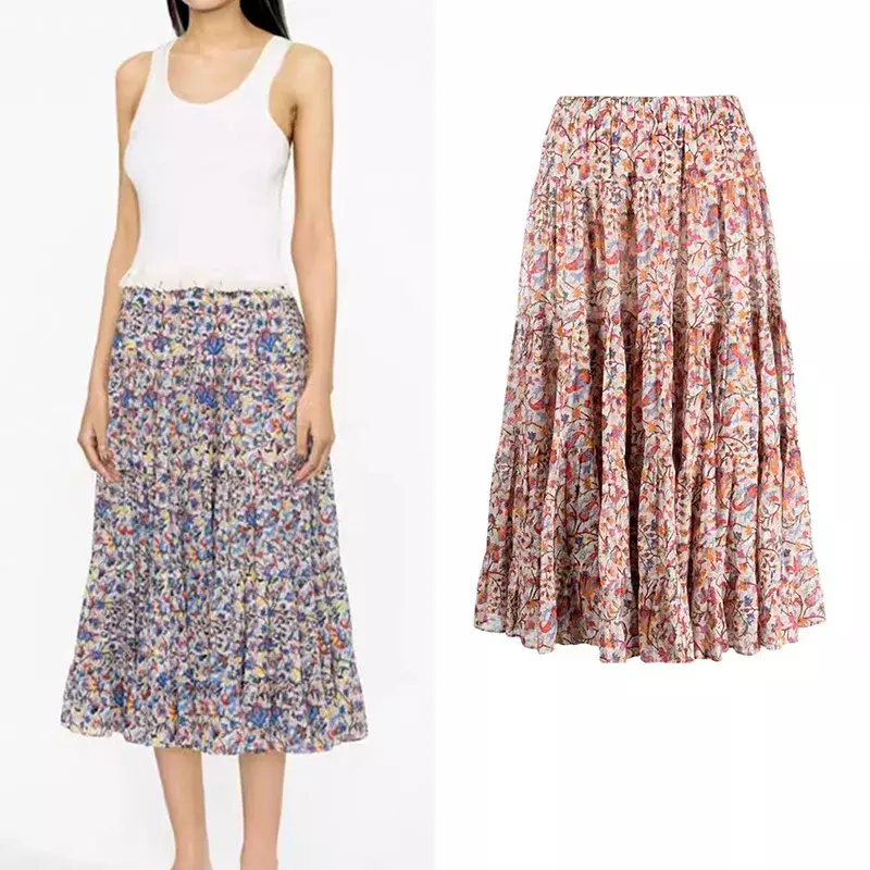 Women Skirt Floral Elastic Waist Pleated Autumn Vintage A-line Jupe