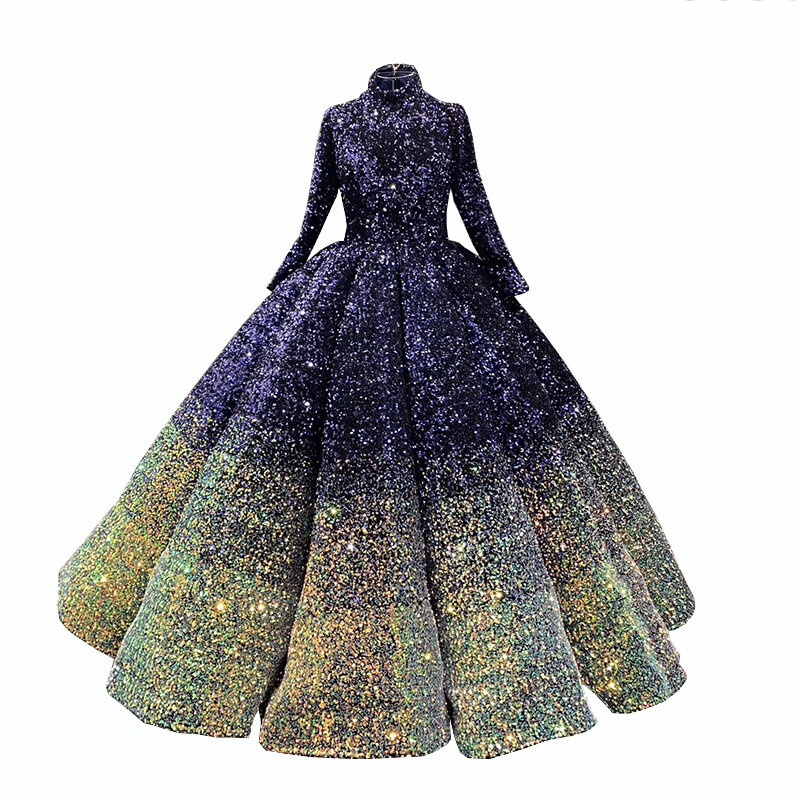 Женское вечернее платье с длинными рукавами, изысканное платье с высоким воротником и градиентными блестками, платье принцессы 15 лет, 2024