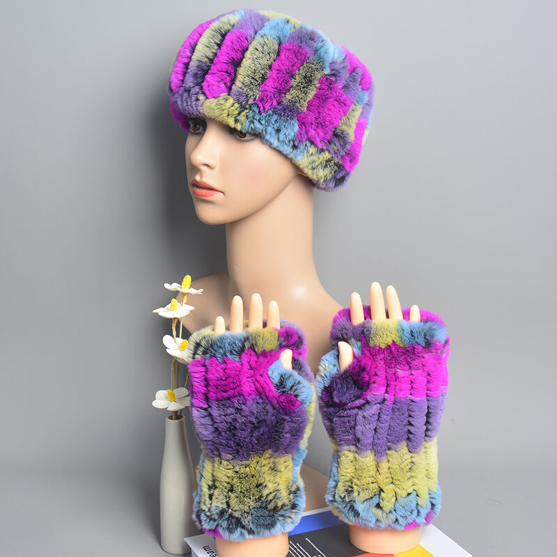One Set Women Real Rex Rabbit Fur Cuff+Headband Winter Warmer Hat Arm Wrist Sleeve Gloves Female Real Fur Cap+Elastic Wristband