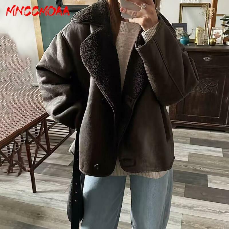 MNCCMOAA-Jaqueta de lã falsa de manga comprida feminina, casaco vintage quente, tops femininos casuais, bolso monocromático, alta qualidade, inverno, 2023