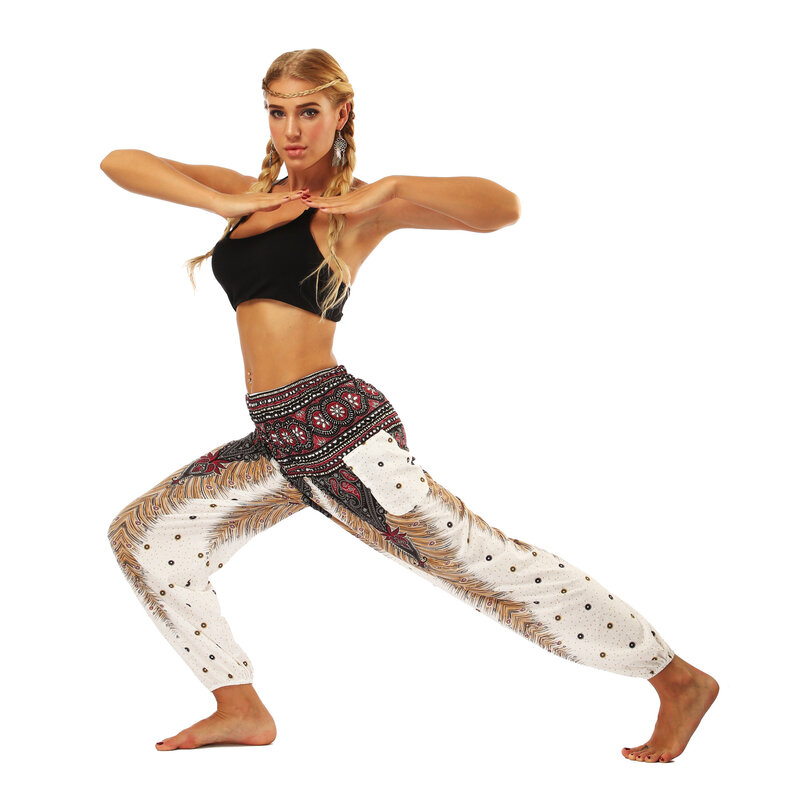 Celana legging Yoga Motif bulu merak, celana wanita lentera olahraga antilembap ringan untuk wanita