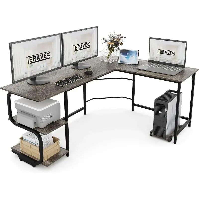 Teraves 가역 L자형 책상, 넓은 표면, 보관 선반이 있는 견고한 코너 책상, 사무실 컴퓨터 책상, 61 인치