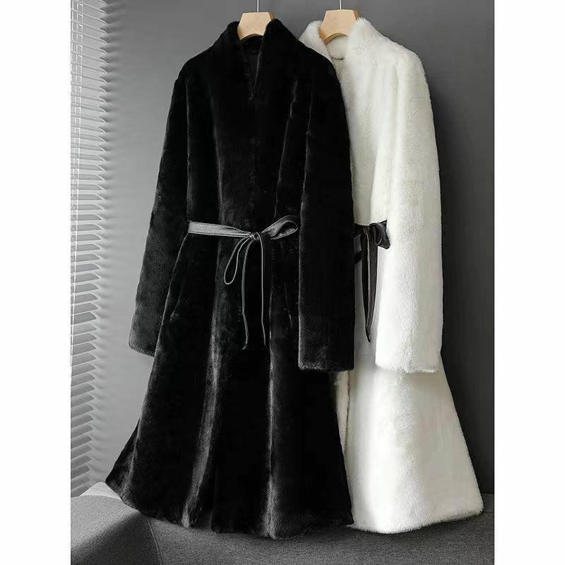 Abrigo de piel de visón de imitación para mujer, largo medio, cuello en V, grueso, a la moda, versátil, adelgazante, temperamento, abrigo de invierno