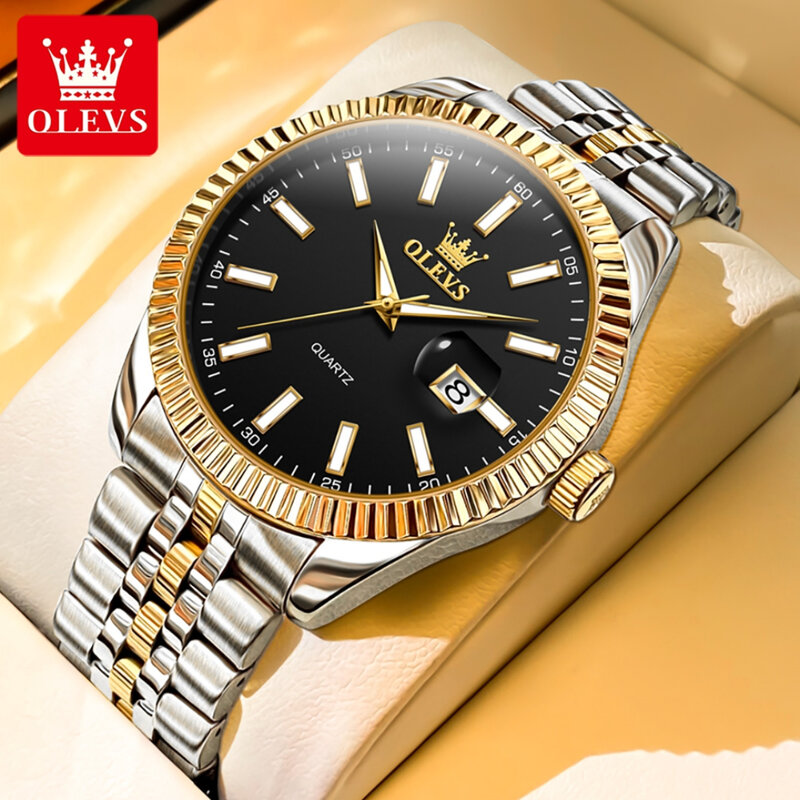 OLEVS Aço Inoxidável Round Dial Quartz Watch, Moda Pulseira, Calendário Luminoso Presente, 5593